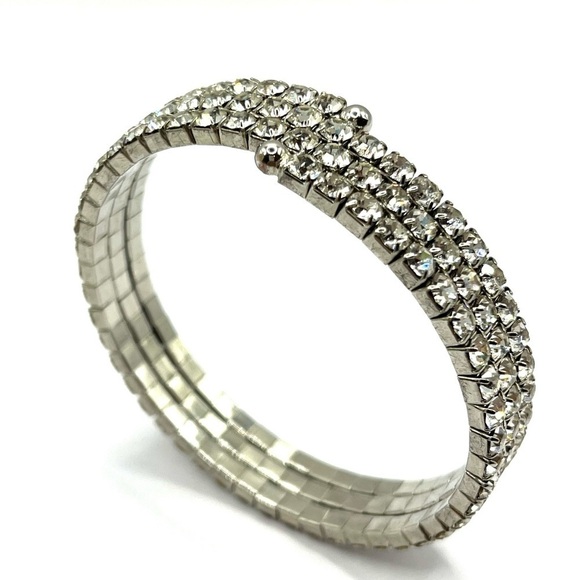 Rhinestone Wrap Bracelet Triple Stranded Silver tone Bright Shiny Bangle Style - Picture 1 of 8